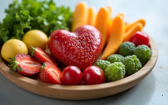Nutritional food for heart health wellness by cholesterol diet and healthy nutrition eating with clean fruits and vegetables in heart dish by nutritionist and doctor recommended for patient well-being