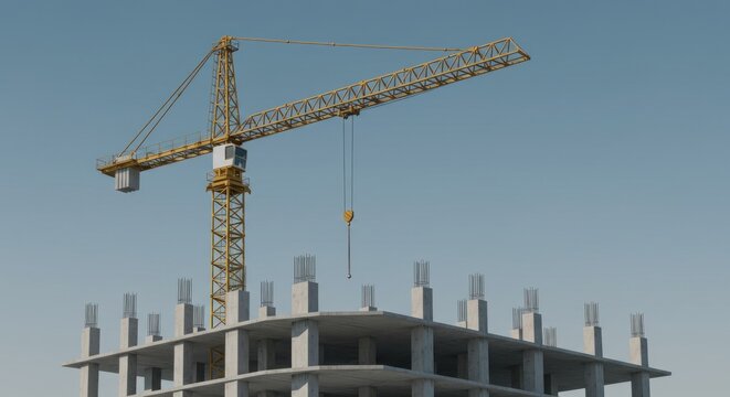 A yellow tower crane against a clear sky, its hook suspended above a partially constructed concrete building with visible support columns and framework