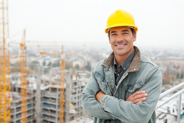 Confident construction worker smiles on site, showcasing leadership in urban building development amid cranes and structures.