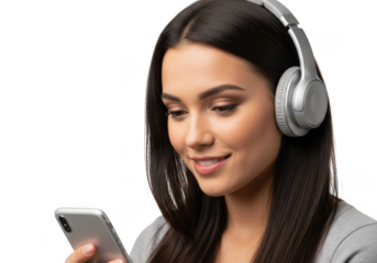 Young woman listening to music on headphones with smartphone isolated on transparent background