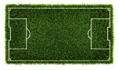 Top View Green Grass Soccer Field with White Line Markings Design Isolate on Transparent Background, cutout, png