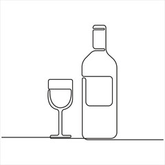 Minimalistic One Line Drawing of Wine Bottle and Glass, Elegant Simple Line Art for Modern Wall Decor.