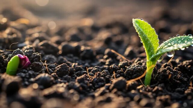 Emerging Life: A Sprout Breaks Ground, Dew-Kissed Leaves in Golden Light