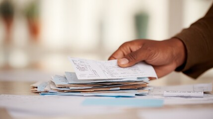 Medium shot showing a hand sorting receipts into categories with blurred travel policy documents in background.