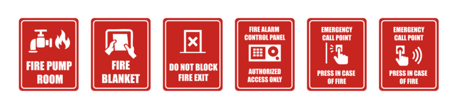 et of various type fire safety sing like emergency call point , fire alarm control panel , do not block fire exit , fire blanket , fire pump room vector illustration 