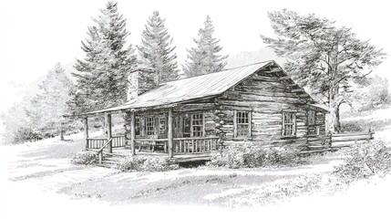 Rustic log cabin drawing with porch, trees, and chimney on a grassy hill