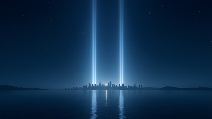 twin beams of light over city skyline reflecting on water at night