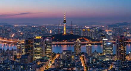 Fototapeta premium Panoramic city skyline at dawn, illuminated skyscrapers, river, and a prominent tower