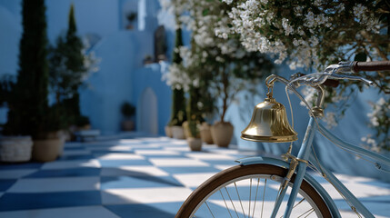 A retro bicycle with a bell in a sunny courtyard