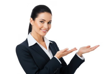 Smiling businesswoman presenting with open hands isolated on transparent background