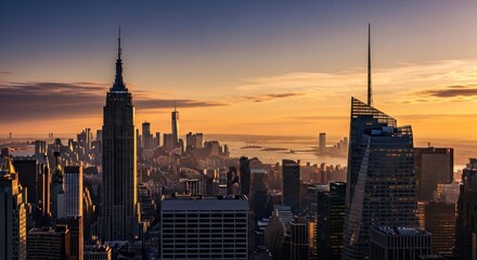 Panoramic view of New York City skyline at sunrise.  Silhouette skyscrapers against golden sunrise.  Urban landscape with hazy atmosphere.  Clouds and mist over the city's horizons
