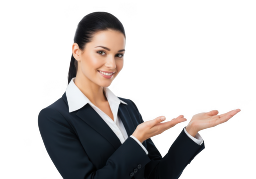 Smiling businesswoman presenting with open hands isolated on transparent background