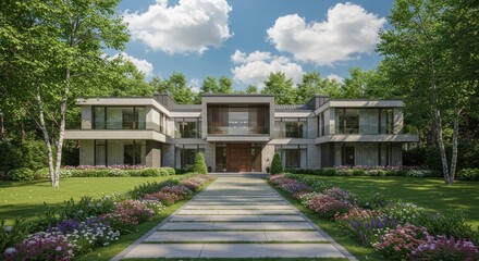 Modern two-story home with rectangular design, large windows, and a wooden door, surrounded by lush landscaping. A paved path leads to entrance