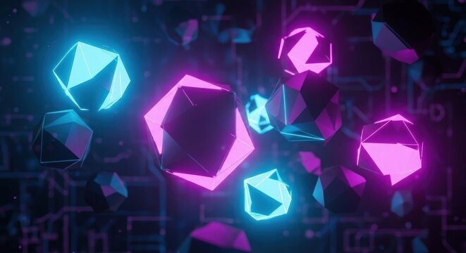 Dynamic glowing geometric shapes with neon lights and circuit board design create a futuristic, modern, and vibrant digital art concept
