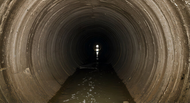 Inside concrete storm sewer tunnel with water. Industrial underground utility infrastructure