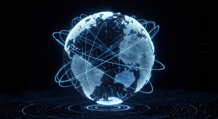 Dynamic 3D globe showcasing global network connections and data flow, perfect for technology, innovation, and business concepts