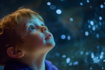 A child gazing in wonder at a starry night sky 