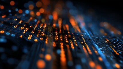 Abstract orange and blue technology background with glowing circuit board patterns and digital programming code for futuristic innovation, cybersecurity, data processing, and software development desi