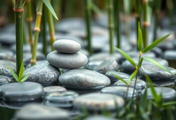 Obraz premium Smooth, grey spa stones nestled amongst green bamboo stalks, purity, tranquility