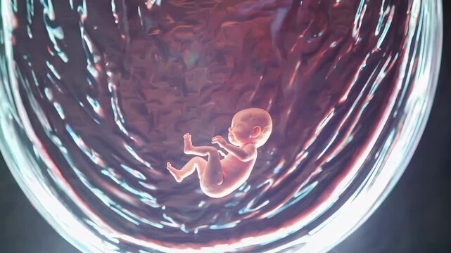baby fetus floats inside womb fluid. embryo rests peacefully showing pregnancy miracle. human child represents life birth wonder. life growth inside womb highlights human birth child.