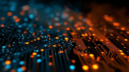 Abstract orange and blue technology background with glowing circuit board patterns and digital programming code for futuristic innovation, cybersecurity, data processing, and software development desi