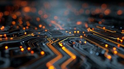 Futuristic printed circuit board background with glowing electronic lines, modern server motherboard design, abstract digital technology pattern, and high-tech innovation concept for data processing a