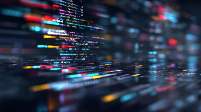 Abstract digital programming code background with futuristic computer script, software development concept, modern technology lines, cyber data processing pattern, and innovative coding visualization