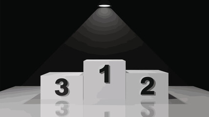 A 3D rendered white winners podium with three tiers for first, second, and third place, illuminated by a spotlight against a black background.
