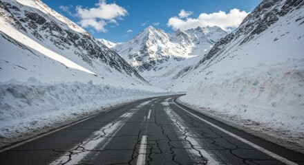 A snow-covered mountain pass road winds between towering snow-laden peaks under a partly sunny sky.  The asphalt shows cracks, and high snow banks line the road