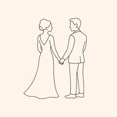 Minimalist wedding couple holding hands line art vector, bride and groom outline continuous line drawing