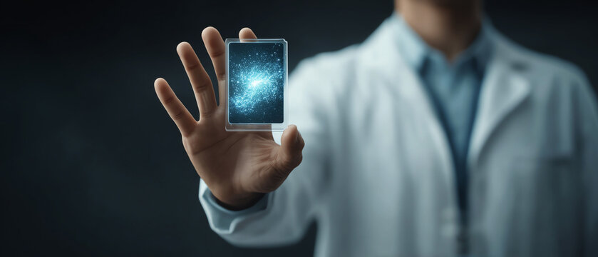 Scientist holding clear biometric ID card with digital interface futuristic technology concept, innovation in secure identification.