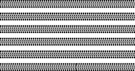 Seamless black and white vector pattern of vehicle tire tread marks arranged in straight horizontal rows, creating a graphic textured background.