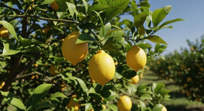 Ripe lemons hang heavy on vibrant green branches of a citrus orchard. Sunlight illuminates the fruit and foliage