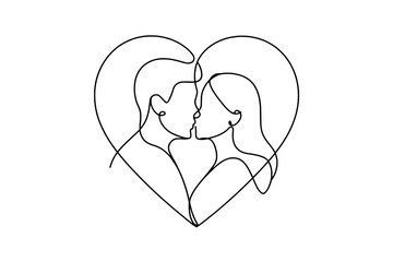 One-Line Drawing: Couple Kissing within a Heart Shape