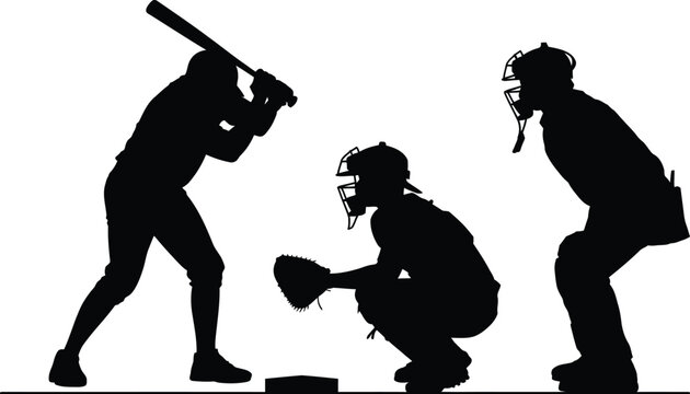 Dynamic black and white woodcut-style illustration capturing a classic baseball at-bat scene with a batter, catcher, and umpire silhouette.