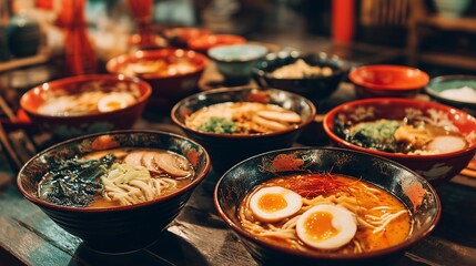 Delicious assortment of Asian food served in bowls on a wooden table, featuring ramen with eggs, rich broth and toppings, alongside other traditional dishes. 