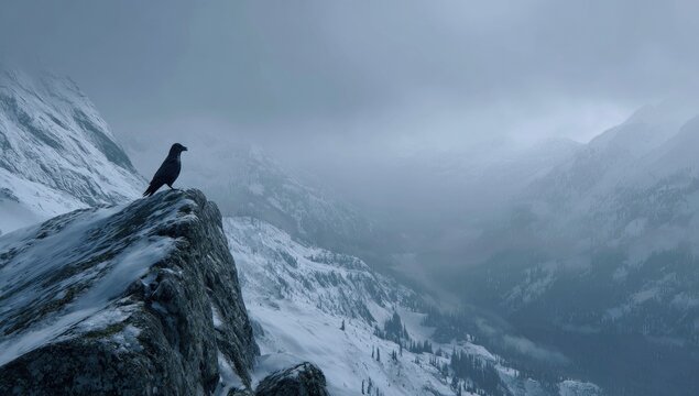 A lone raven perched on a snow-covered mountain peak, overlooking a misty valley