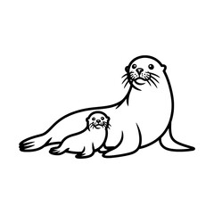 Fototapeta premium Sea Lion and Pup: Line Art Illustration - Black and White Vector Graphic