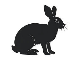 Naklejka premium Silhouette of a black rabbit sitting, showcasing its ears, whiskers, and body shape against white background.
