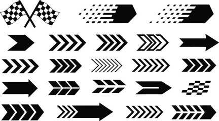 Dynamic collection of black and white speed-related vector graphics, featuring racing flags and various motion arrows in a grid layout.