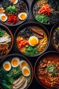 Delicious assortment of Asian food served in bowls on a wooden table, featuring ramen with eggs, rich broth and toppings, alongside other traditional dishes. 