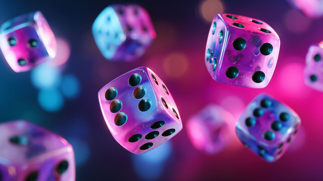 Floating neon dice in mid-air