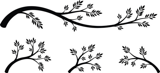 Elegant black tree branch silhouettes with detailed leaves, decorative nature design elements for floral, botanical, and organic-themed vector artwork and illustrations. © Ashik Creatives