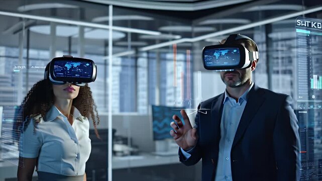 A worker wearing a black VR headset standing in front of a wall of digital screens showing data streams in an industrial style office.
 - Powered by Adobe