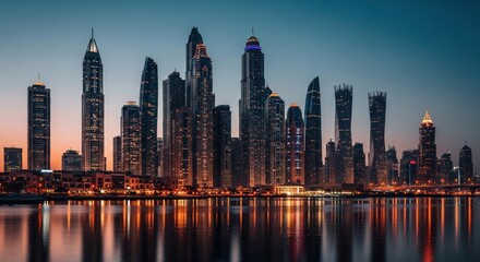 Fototapeta premium Skyline cityscape at dawn. Modern skyscrapers line a canal, reflected in calm water