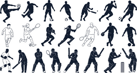 A dynamic vector collection of athlete silhouettes and line art illustrations, featuring soccer, cricket, tennis, and basketball players in action.