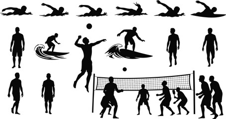 A dynamic vector collection of summer beach sports silhouettes, featuring people swimming, surfing, and playing volleyball in various action poses.