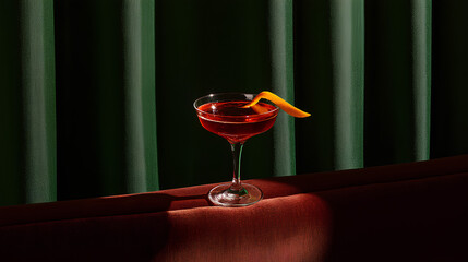 Classic cocktail in elegant glass with orange peel garnish on dark background