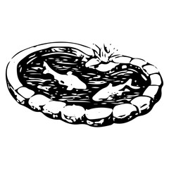 Decorative Fish Pond Circular Shape Engraving Illustration