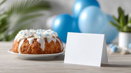 Flat lay birthday invitation card mockup with cake and decor on pastel blue background. Ideal for digital templates, greeting cards, and party graphics.